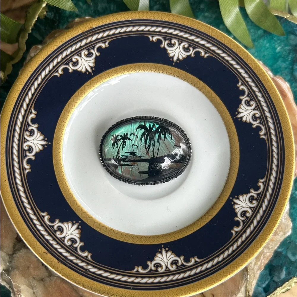 ANTIQUE Sterling Silver BUTTERFLY WING Brooch w TROPICAL SCENE